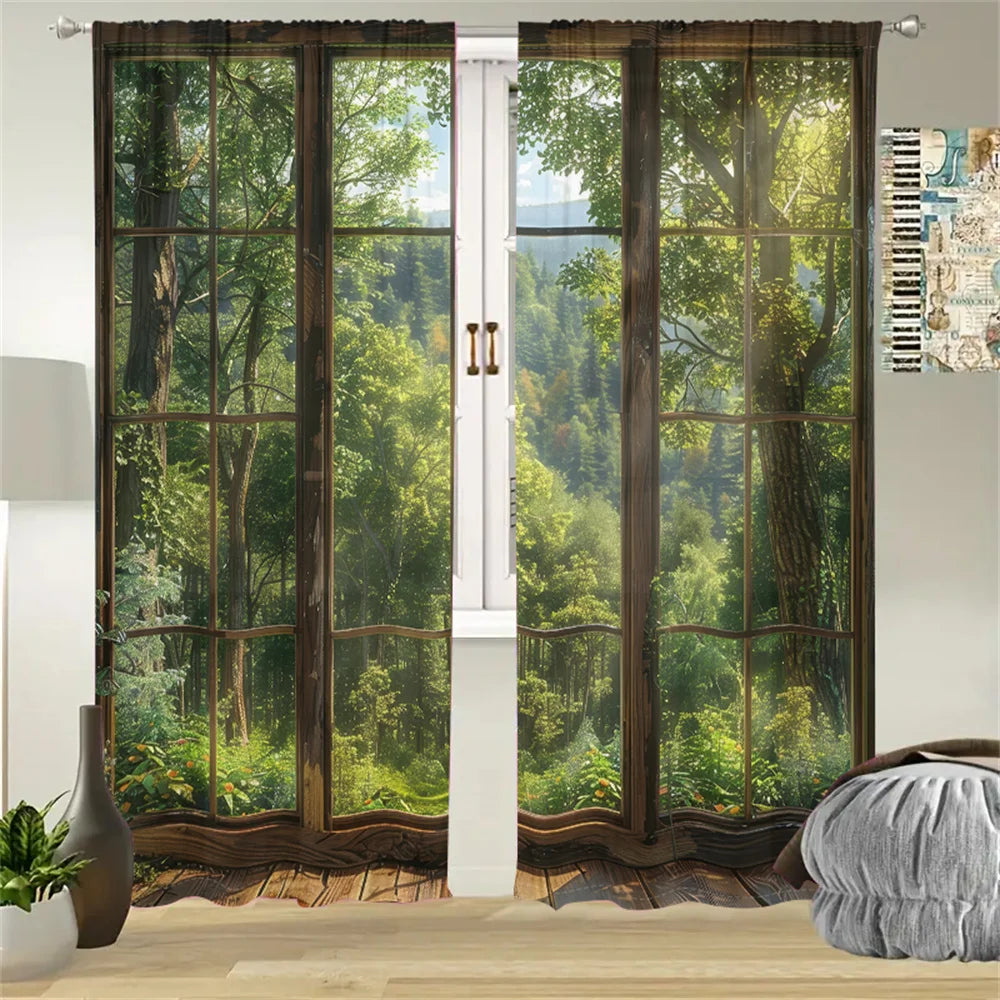 2 Pcs Forest Window View Curtains Green Nature Landscape