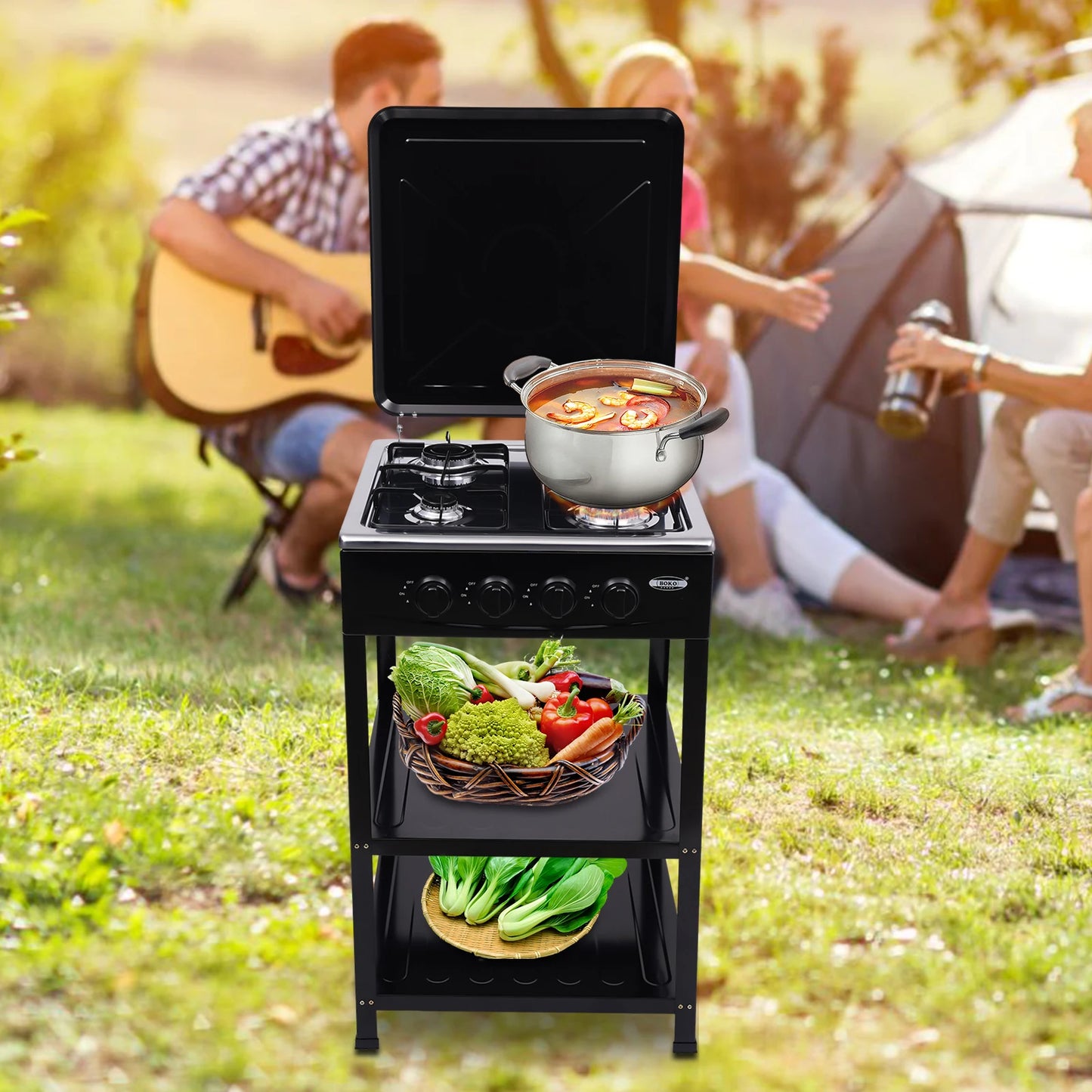 Portable Stove 4 Burner,Gas Stove with Support Leg Stand and Wind Blocking Cover Adapter with 2-Tier Storage Rack