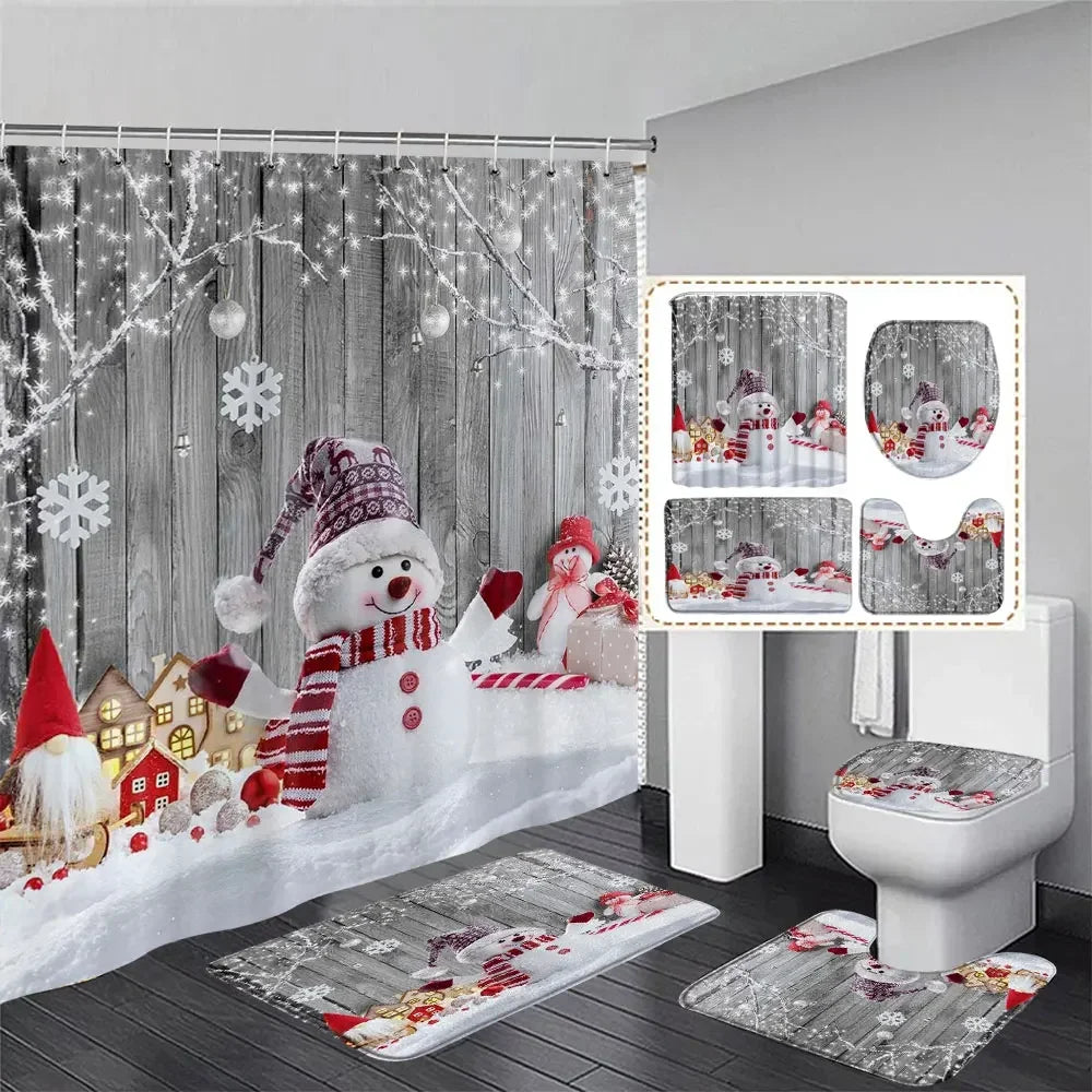 Cute Snowman Christmas Shower Curtain Set with rugs