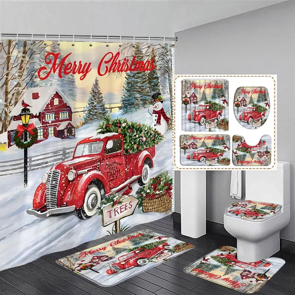 Cute Snowman Christmas Shower Curtain Set with rugs