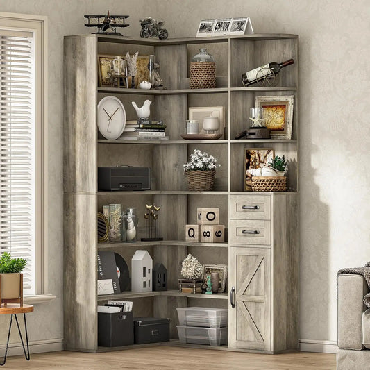 Farmhouse Corner Bookshelf with Lockers & Drawers, 71" L-Shaped