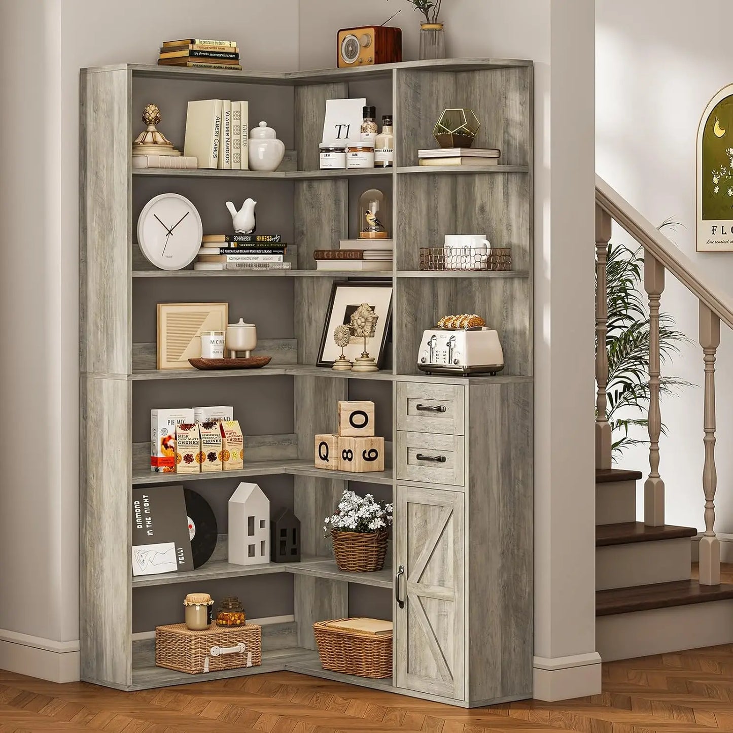 Farmhouse Corner Bookshelf with Lockers & Drawers, 71" L-Shaped