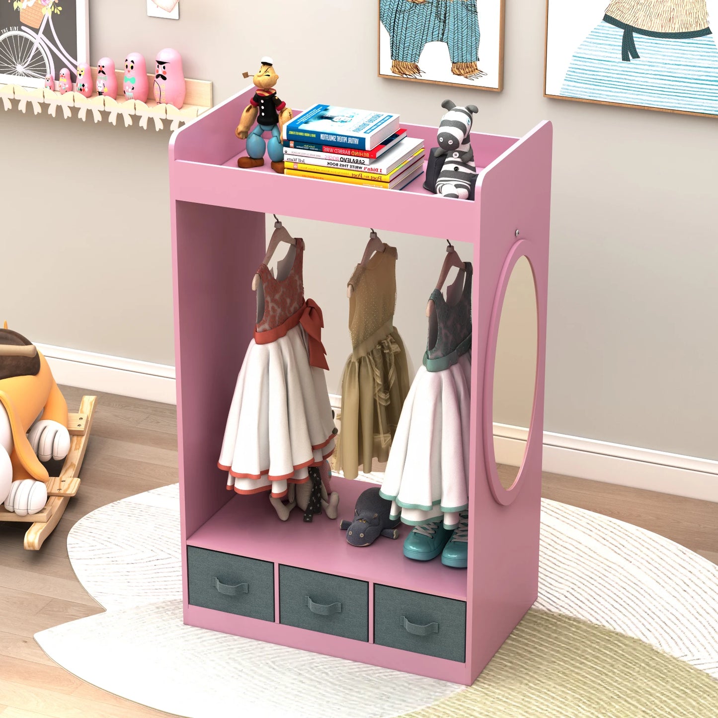 Open Hanging Armoire Closet with Mirror-PINK
