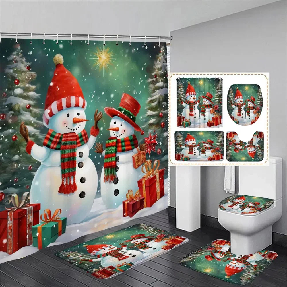 Cute Snowman Christmas Shower Curtain Set with rugs