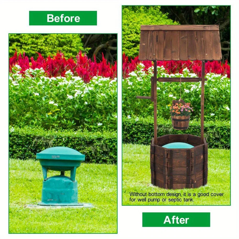 Wooden Wishing Well Planter with Hanging Bucket