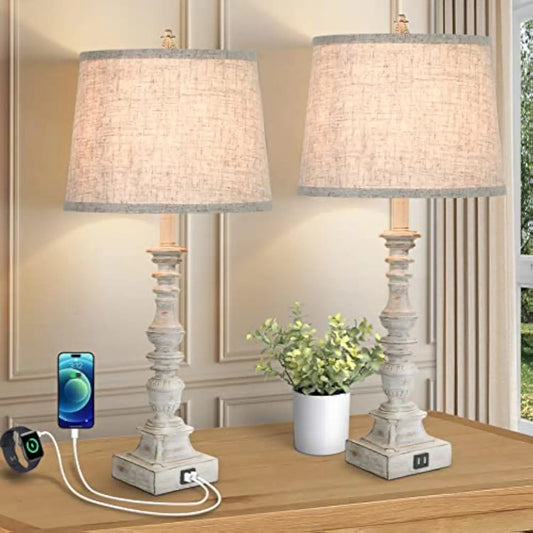 Set of 2 Farmhouse Table Lamps with 2 USB Ports
