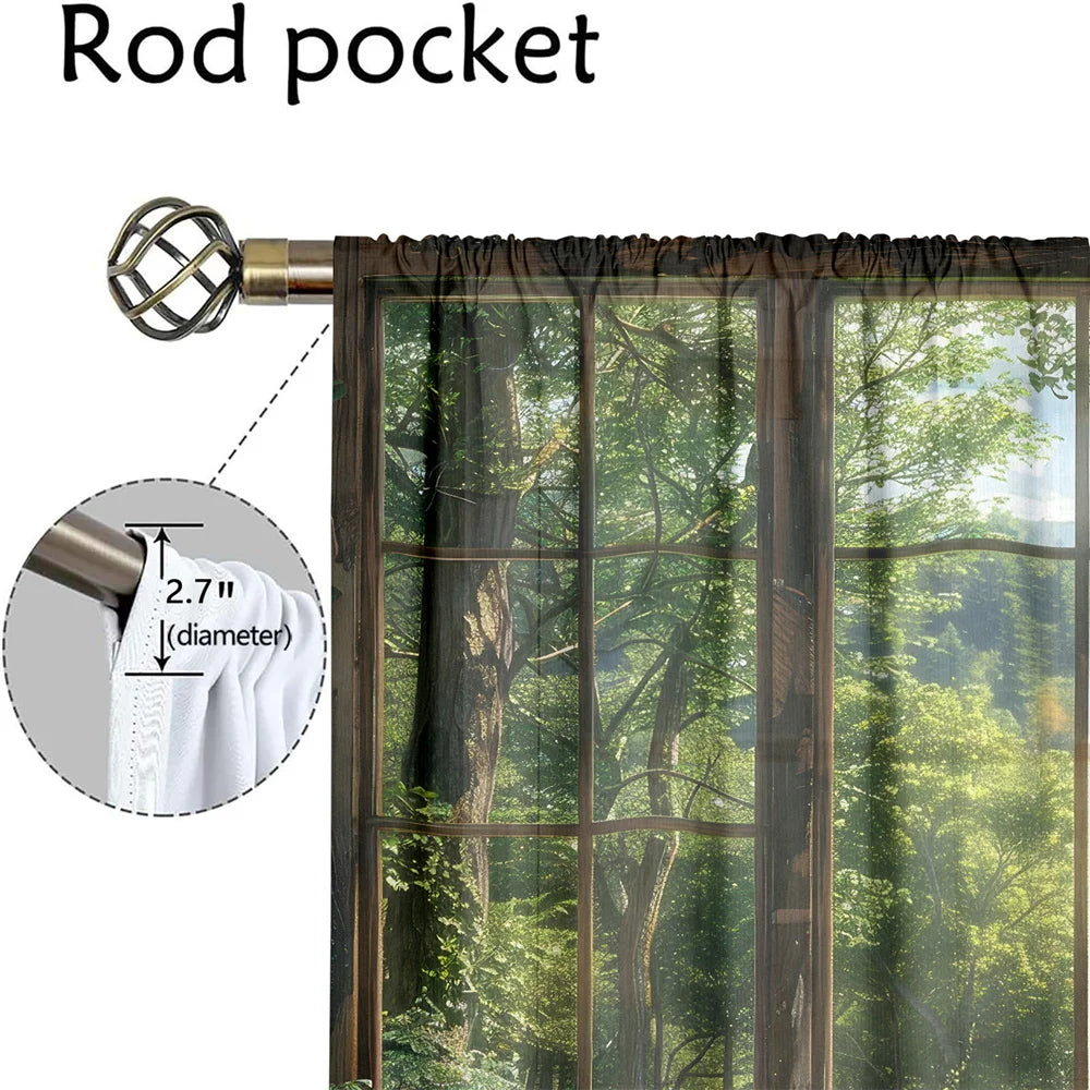 2 Pcs Forest Window View Curtains Green Nature Landscape