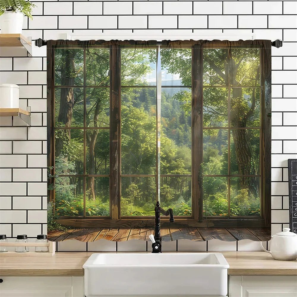 2 Pcs Forest Window View Curtains Green Nature Landscape