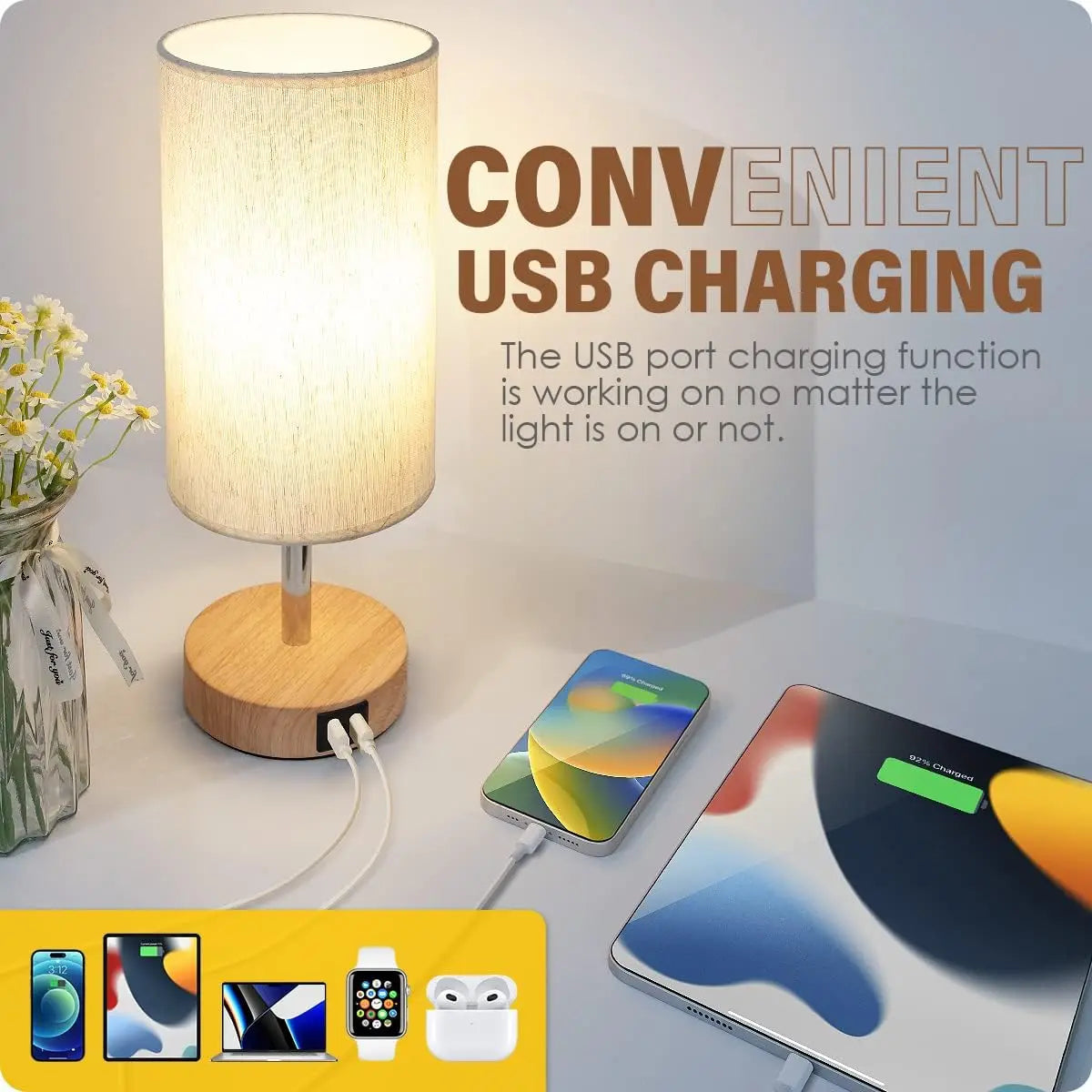 Bedside Table Lamp with USB Port