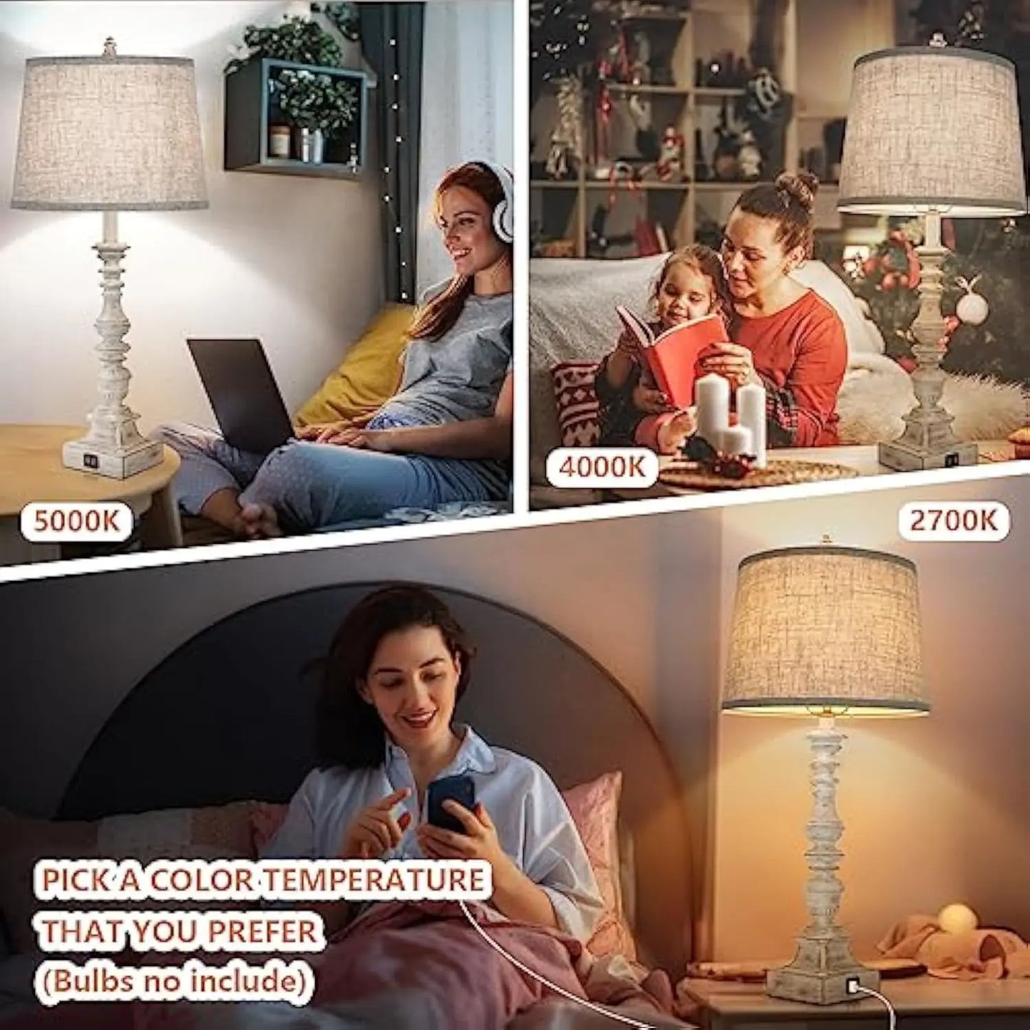 Set of 2 Farmhouse Table Lamps with 2 USB Ports