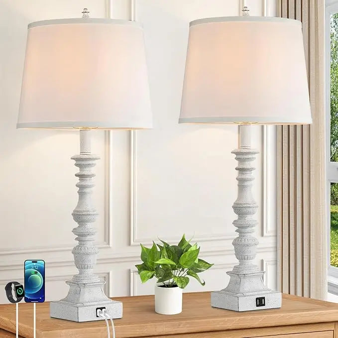 Set of 2 Farmhouse Table Lamps with 2 USB Ports