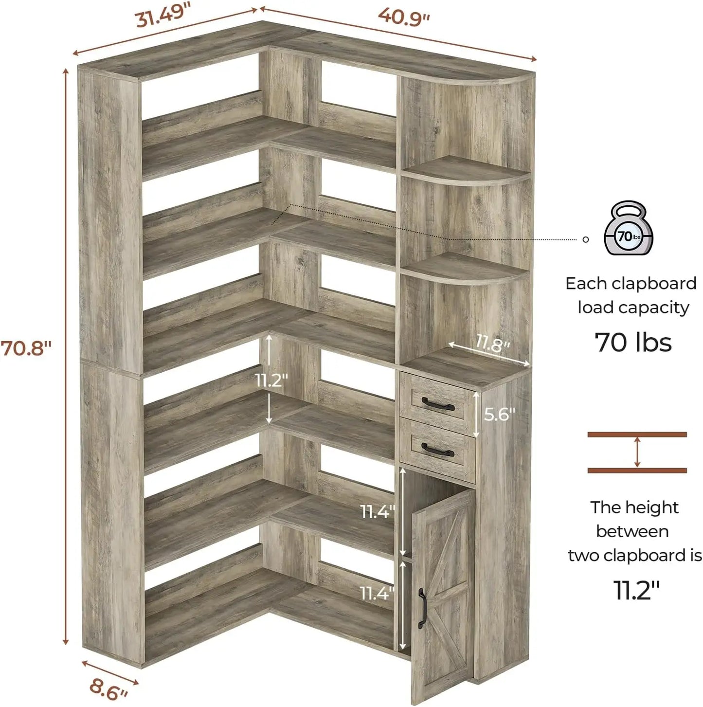 Farmhouse Corner Bookshelf with Lockers & Drawers, 71" L-Shaped