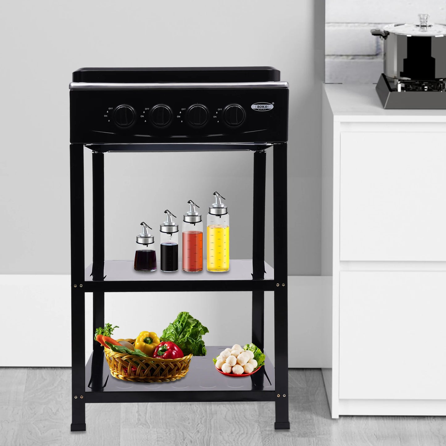 Portable Stove 4 Burner，Gas Stove with Support Leg Stand and Wind Blocking Cover Adapter with 2-Tier Storage Rack