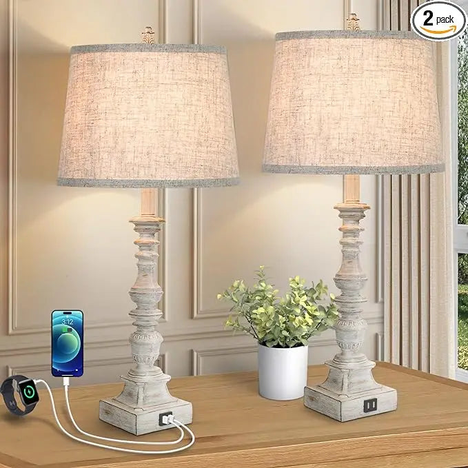 Set of 2 Farmhouse Table Lamps with 2 USB Ports