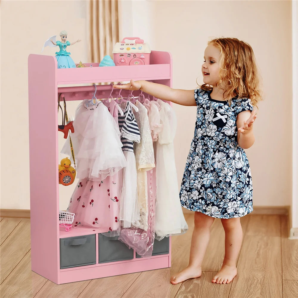 Open Hanging Armoire Closet with Mirror-PINK