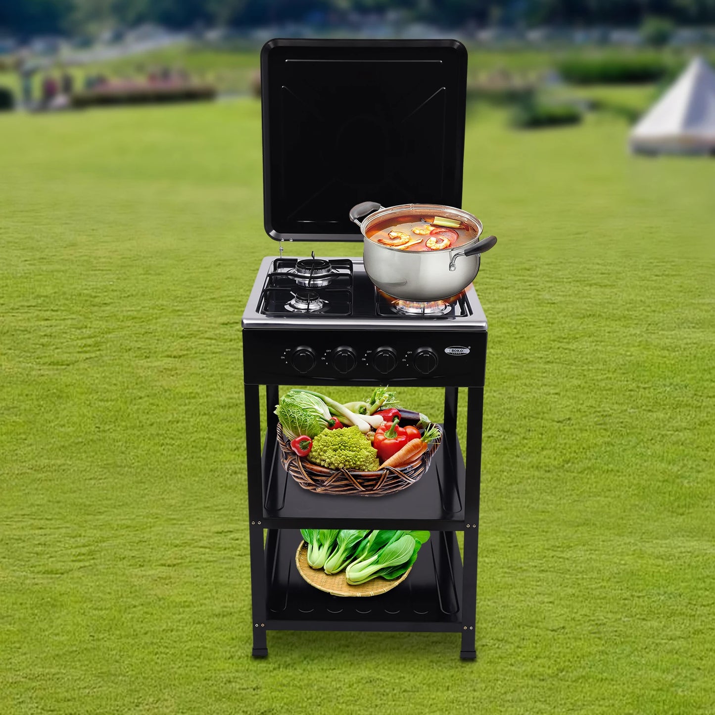 Portable Stove 4 Burner，Gas Stove with Support Leg Stand and Wind Blocking Cover Adapter with 2-Tier Storage Rack