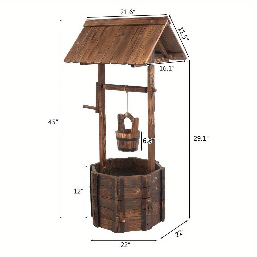 Wooden Wishing Well Planter with Hanging Bucket
