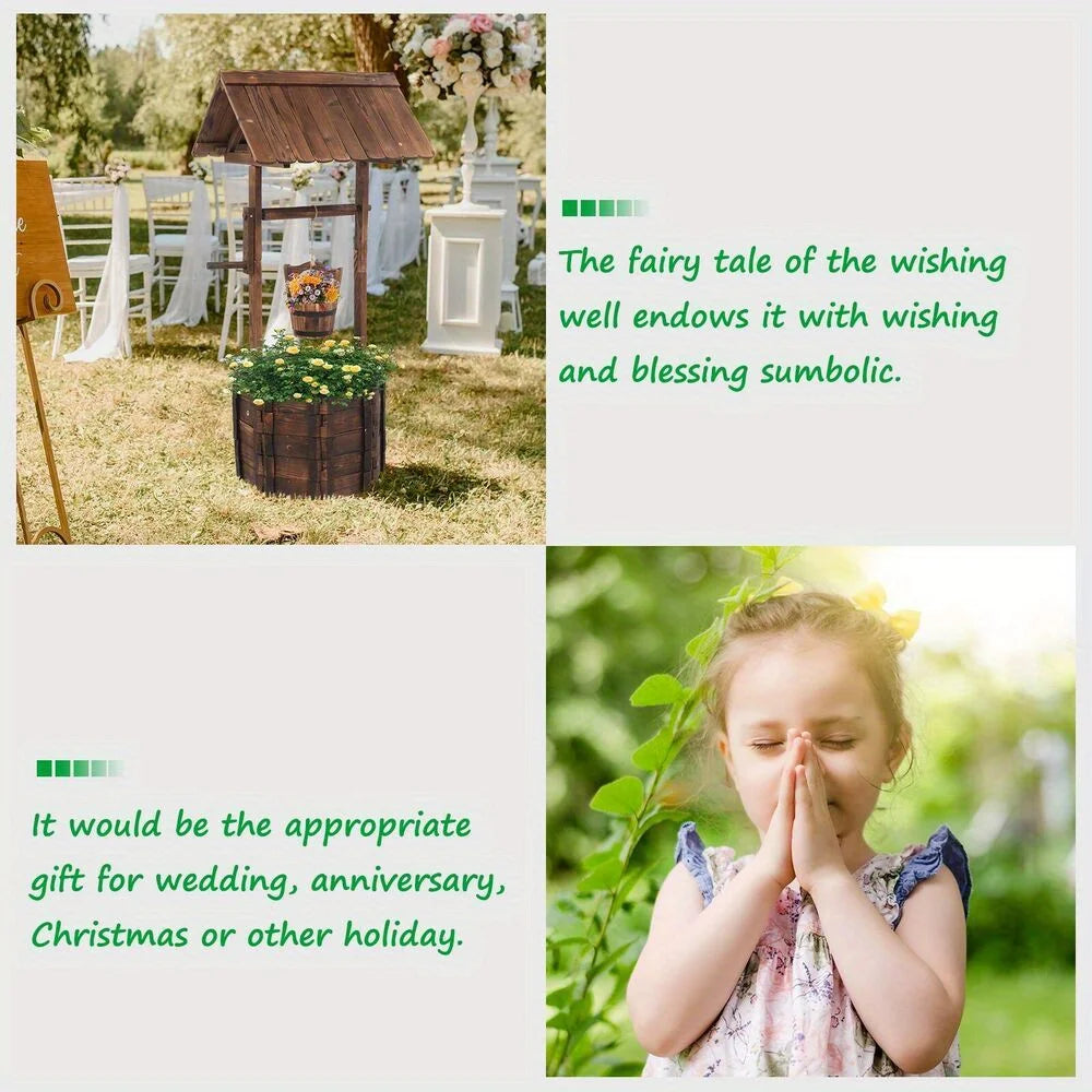 Wooden Wishing Well Planter with Hanging Bucket