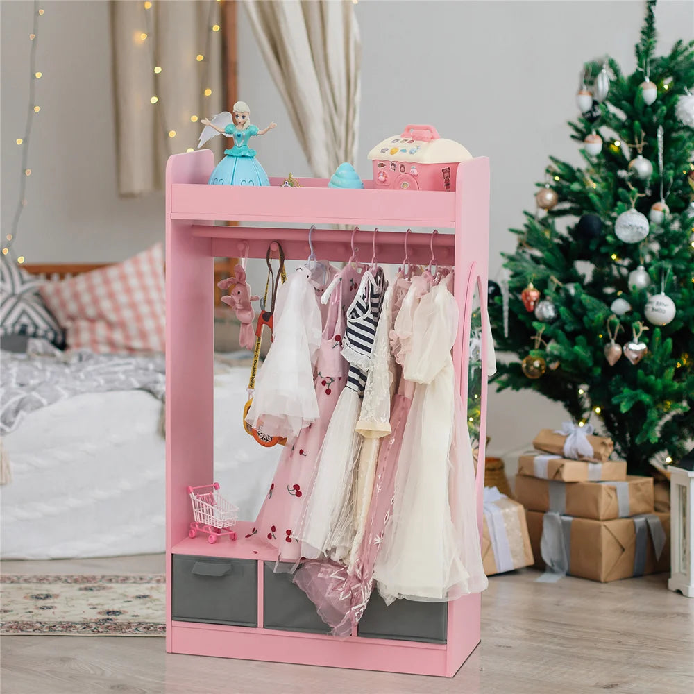 Open Hanging Armoire Closet with Mirror-PINK