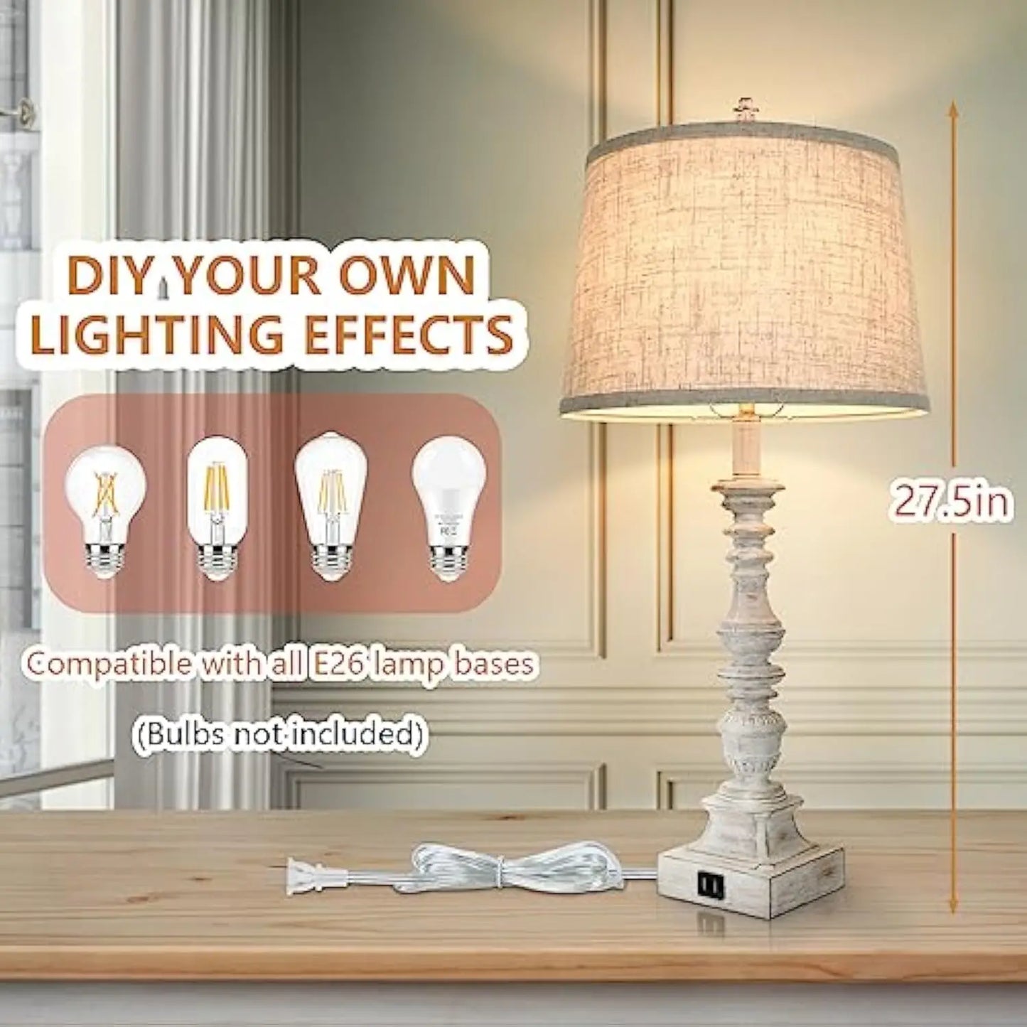 Set of 2 Farmhouse Table Lamps with 2 USB Ports