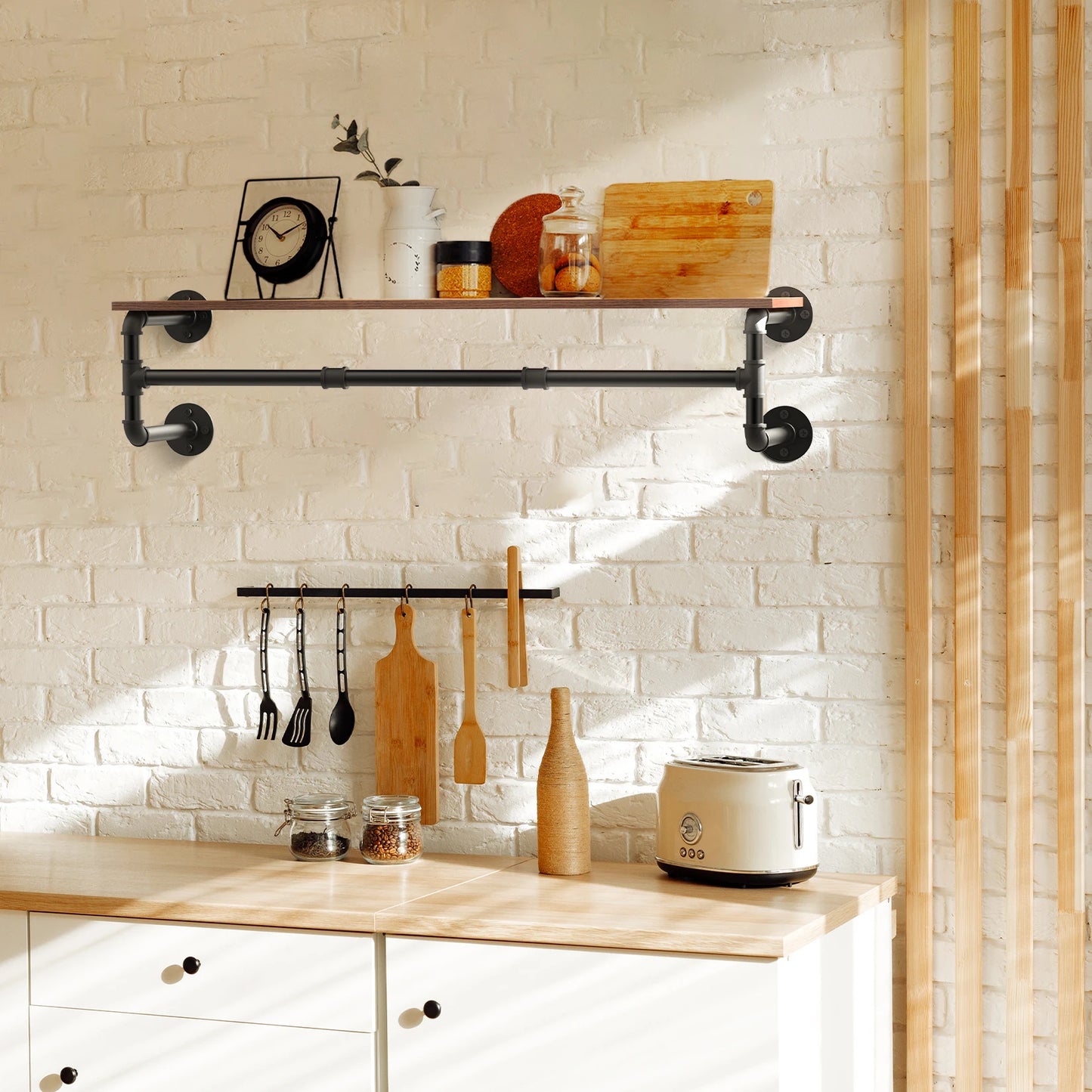 Industrial Pipe Clothes Rack with Wood Shelf