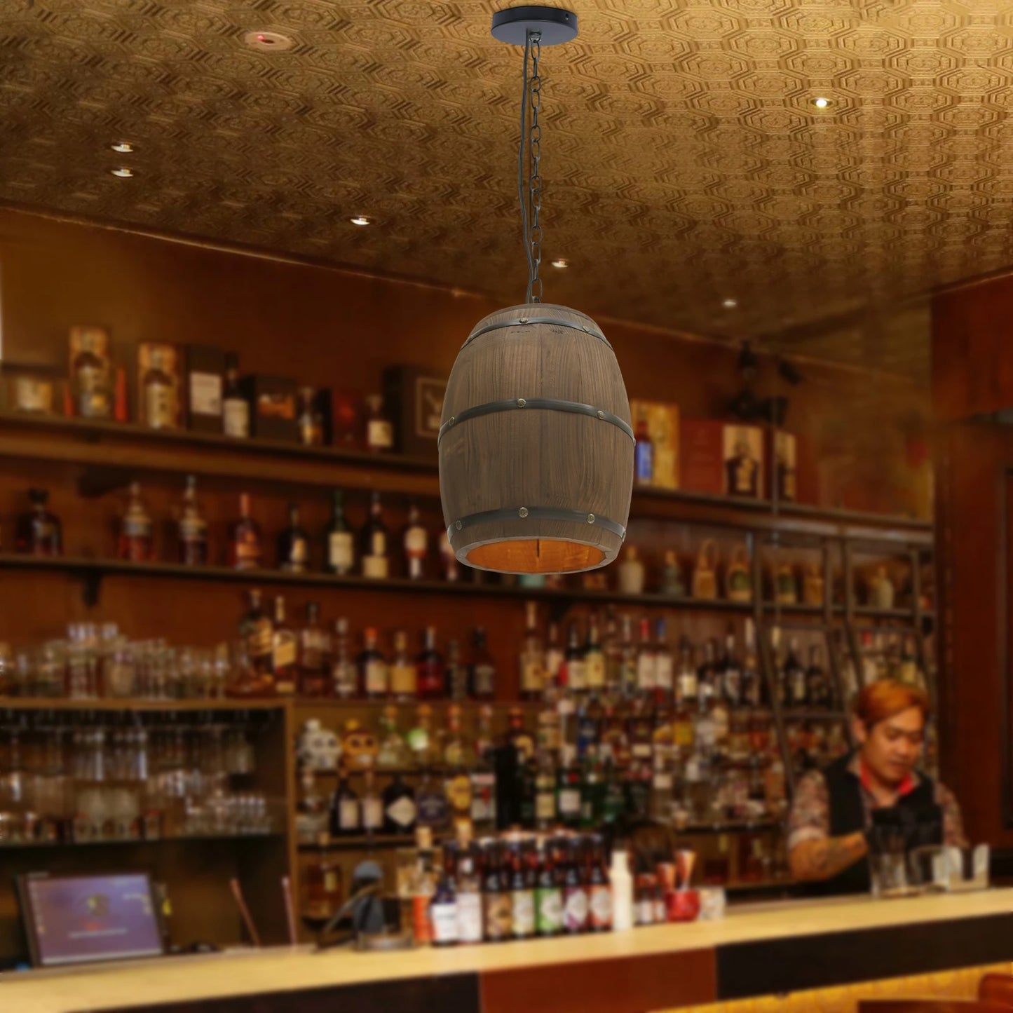 Antique wooden wine barrel hanging chandelier