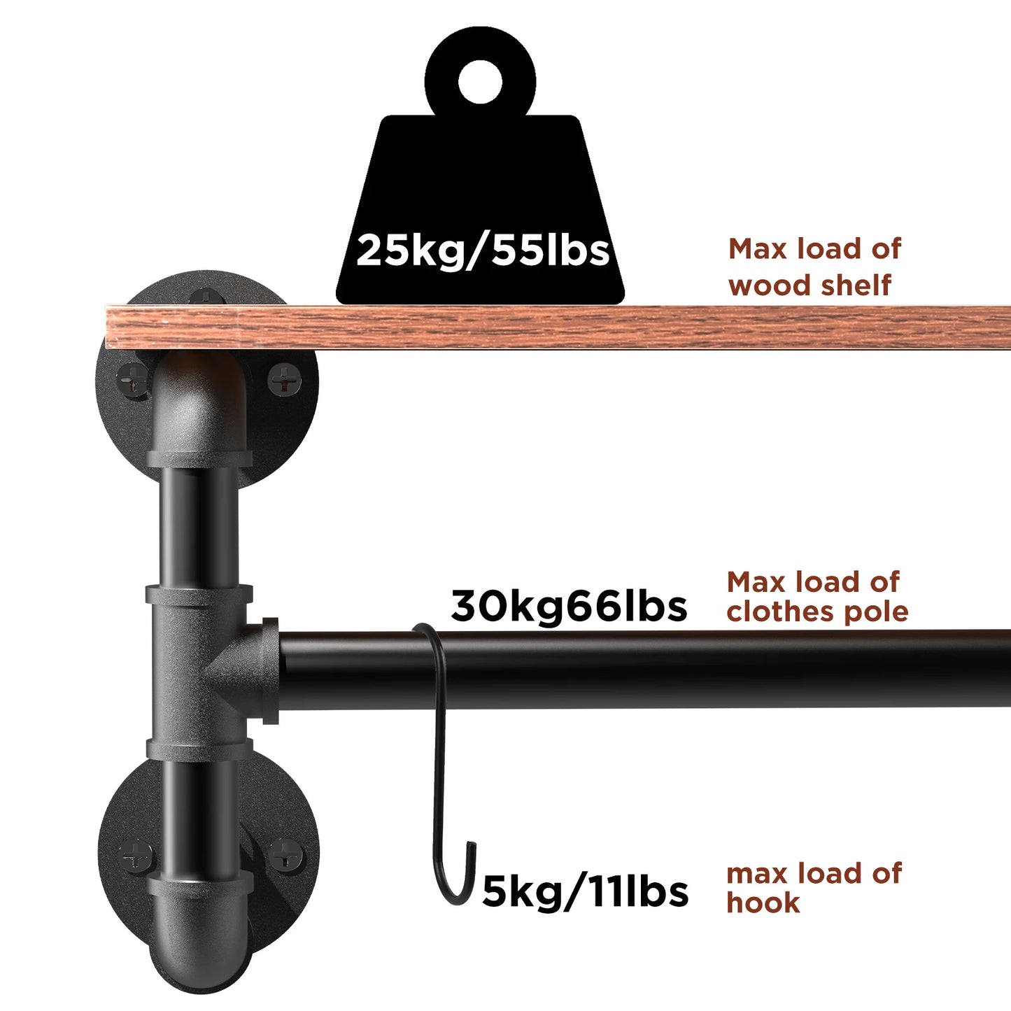 Industrial Pipe Clothes Rack with Wood Shelf