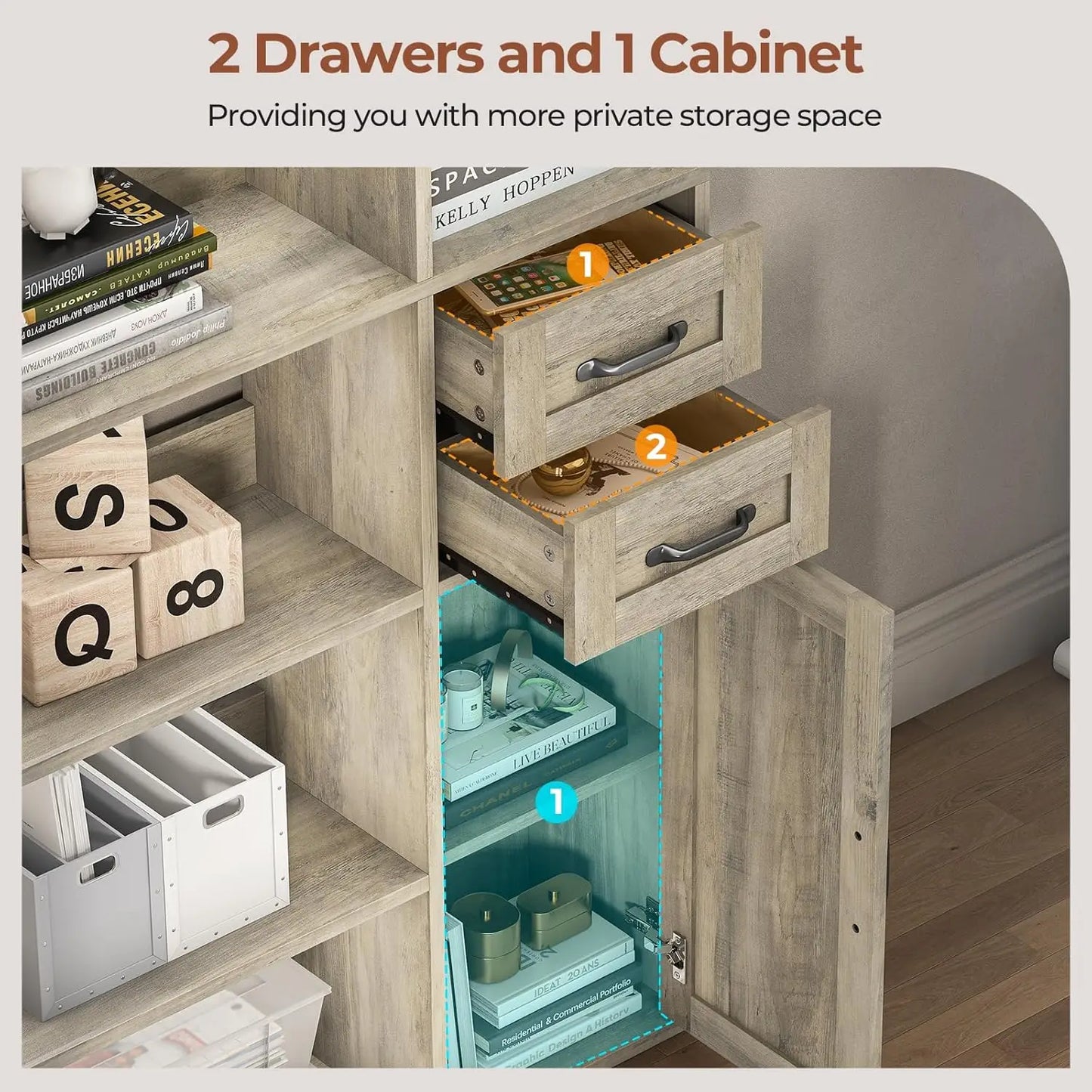 Farmhouse Corner Bookshelf with Lockers & Drawers, 71" L-Shaped