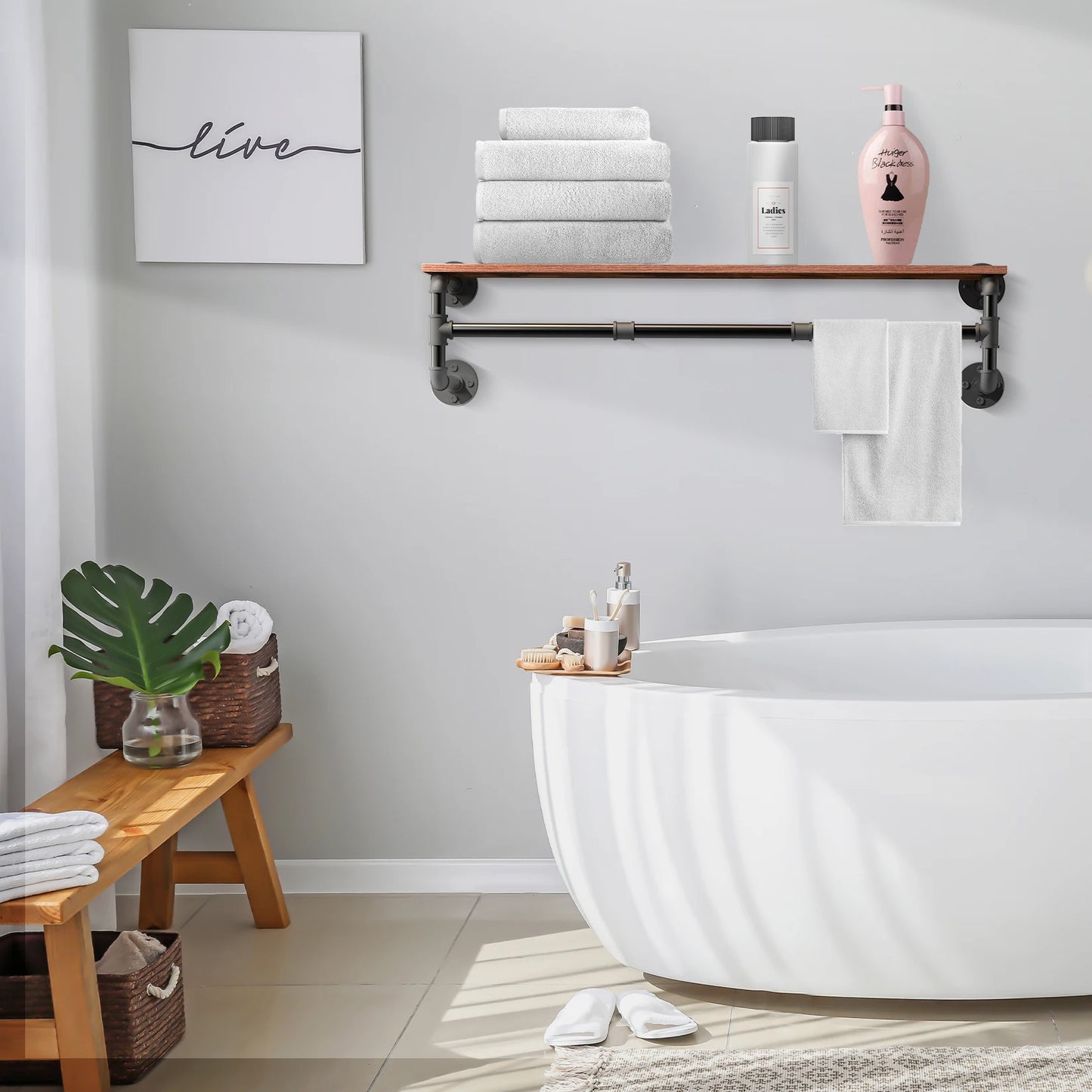 Industrial Pipe Clothes Rack with Wood Shelf