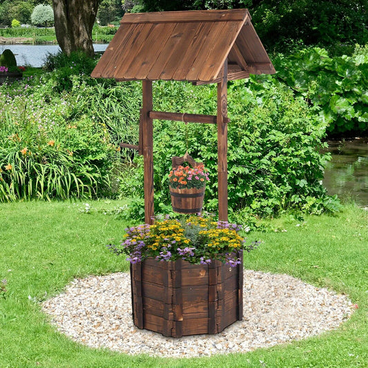 Wooden Wishing Well Planter with Hanging Bucket