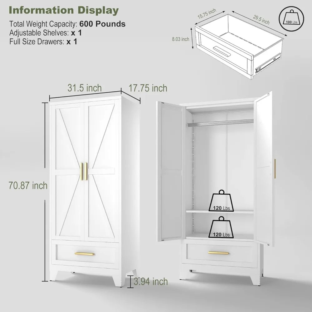 Farmhouse Metal Wardrobe with Hanging Rod