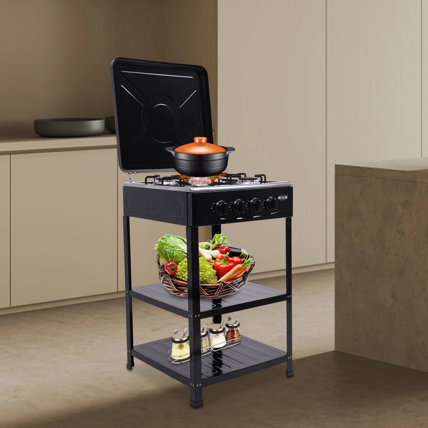 Portable Stove 4 Burner，Gas Stove with Support Leg Stand and Wind Blocking Cover Adapter with 2-Tier Storage Rack