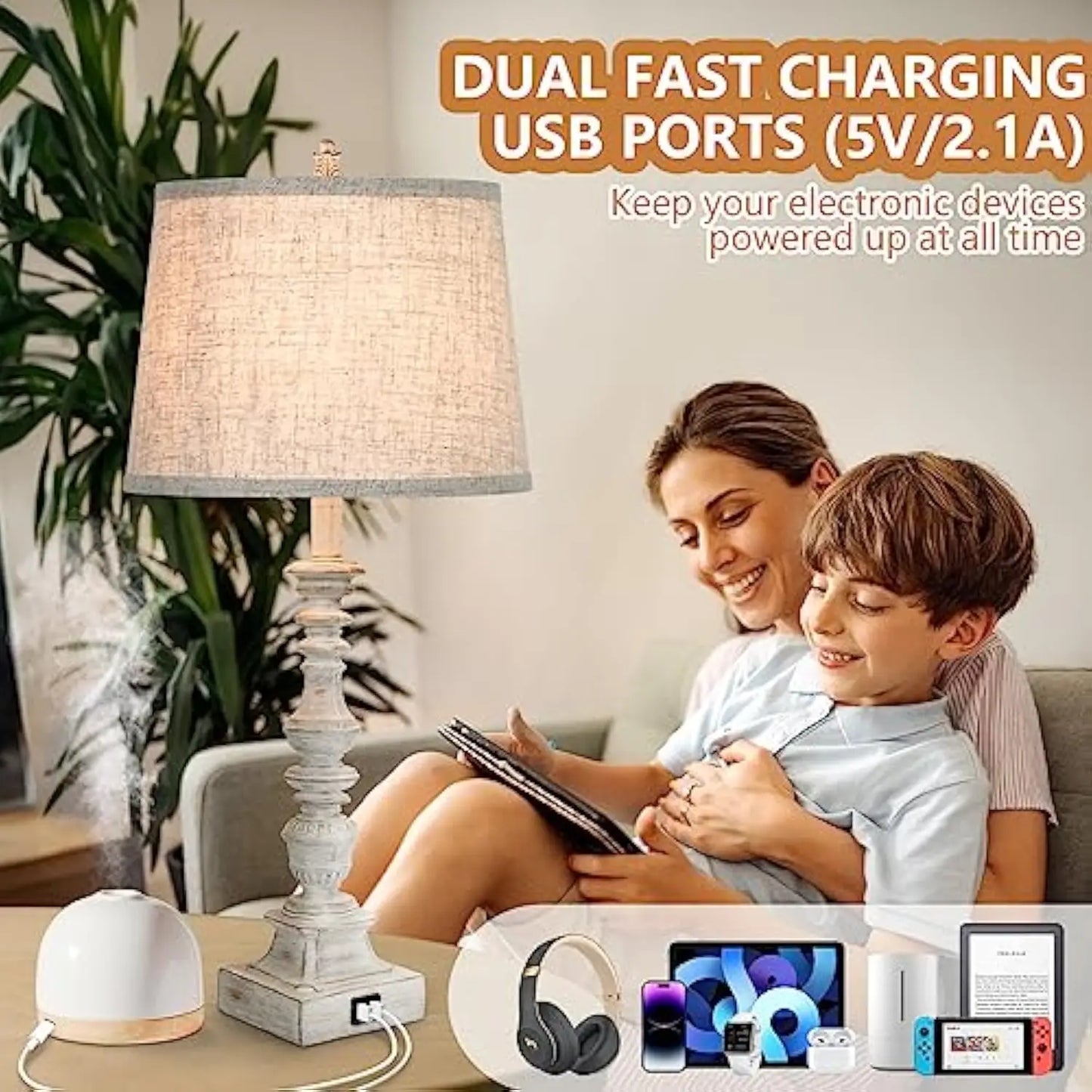 Set of 2 Farmhouse Table Lamps with 2 USB Ports