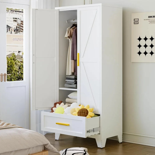 Farmhouse Metal Wardrobe with Hanging Rod