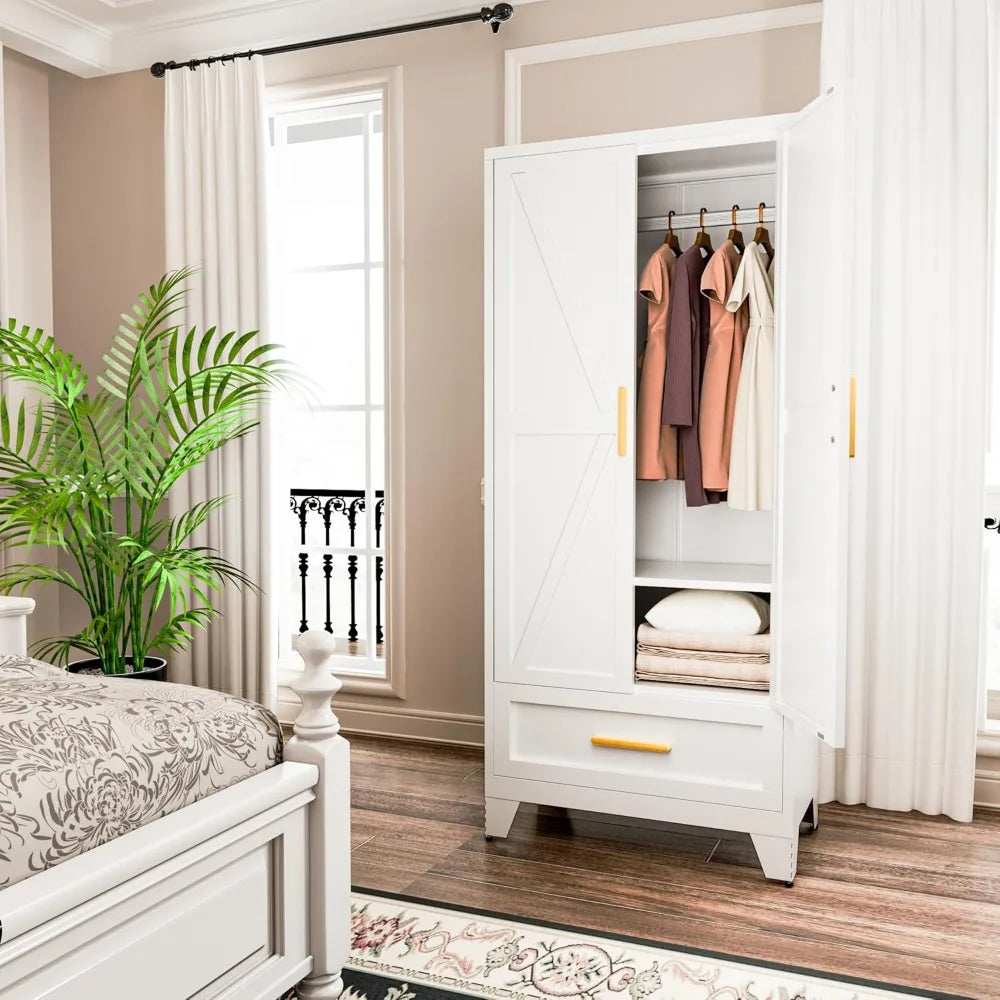 Farmhouse Metal Wardrobe with Hanging Rod