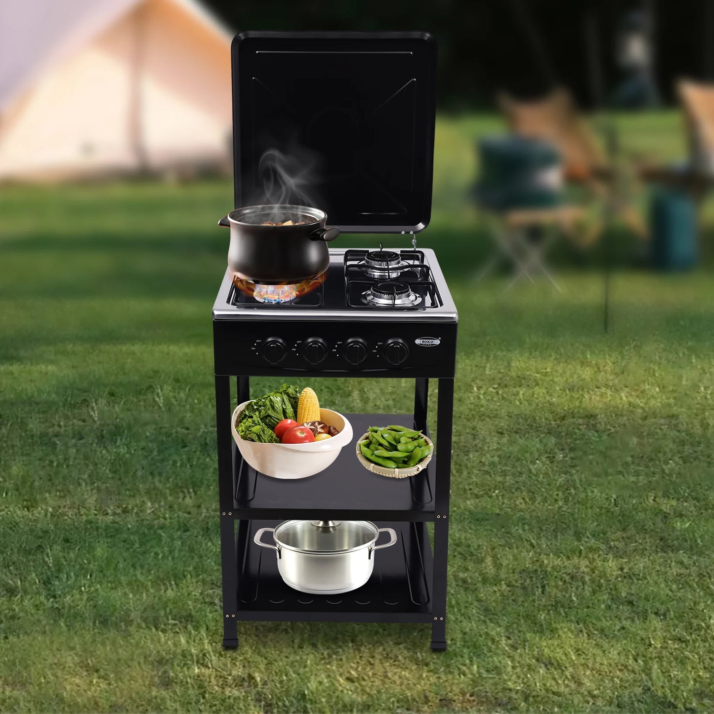 Portable Stove 4 Burner，Gas Stove with Support Leg Stand and Wind Blocking Cover Adapter with 2-Tier Storage Rack