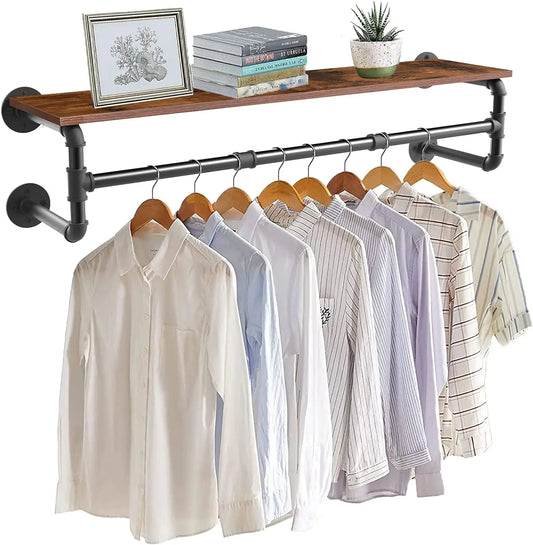 Industrial Pipe Clothes Rack with Wood Shelf