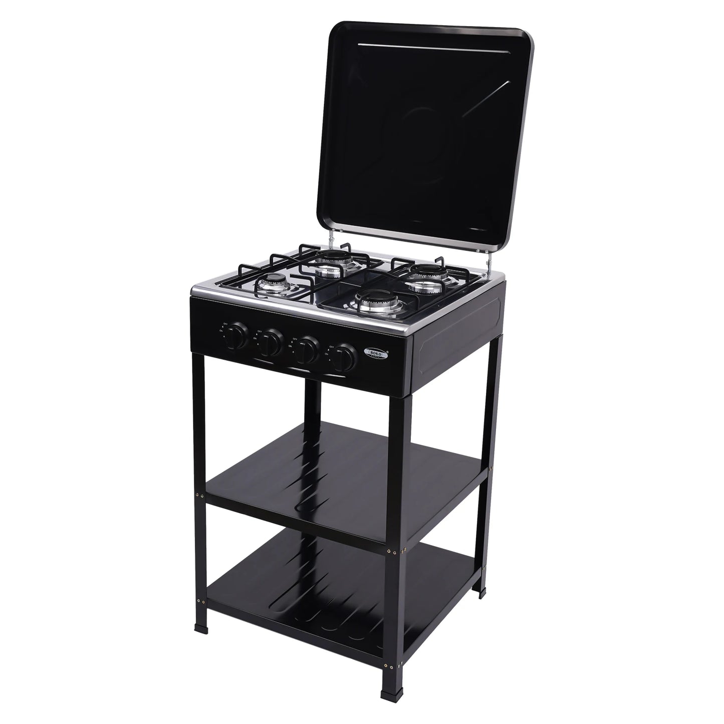 Portable Stove 4 Burner，Gas Stove with Support Leg Stand and Wind Blocking Cover Adapter with 2-Tier Storage Rack
