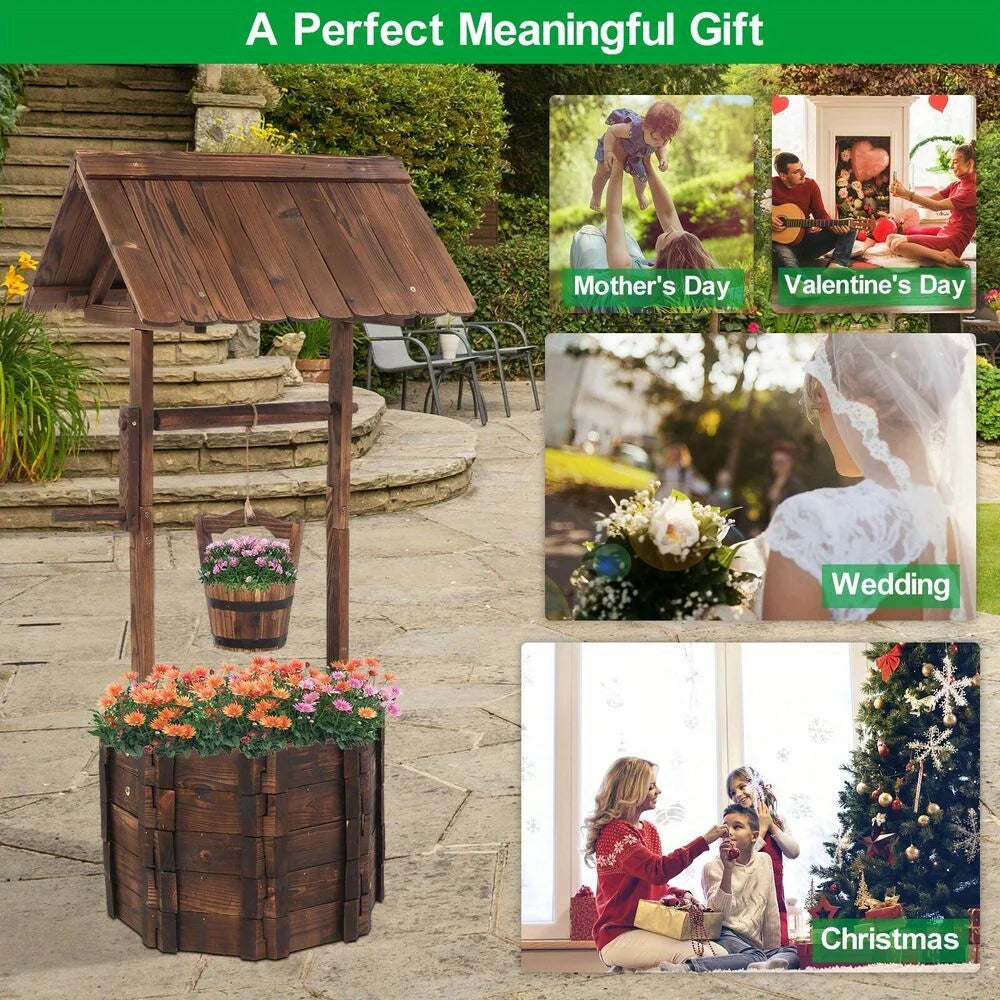 Wooden Wishing Well Planter with Hanging Bucket
