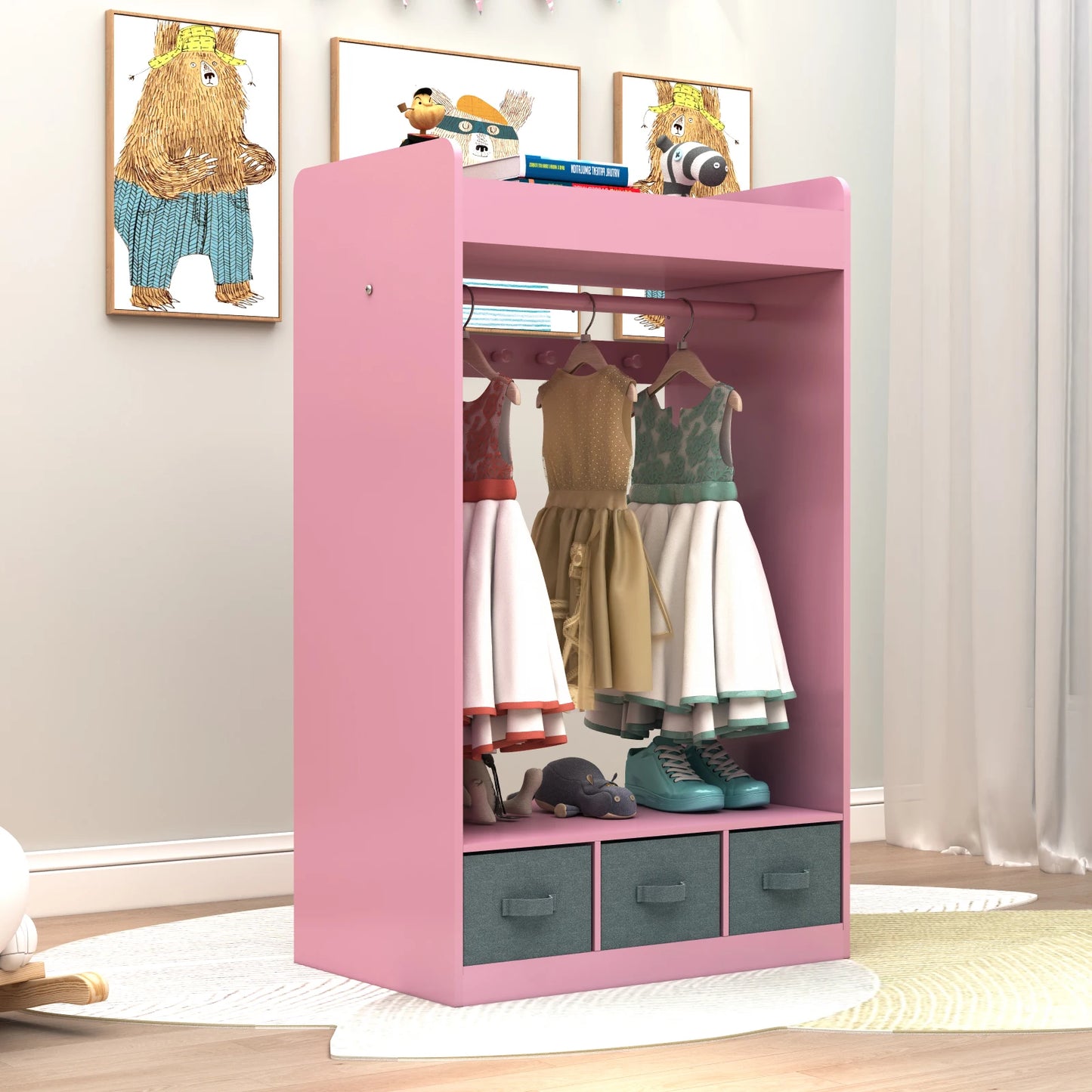 Open Hanging Armoire Closet with Mirror-PINK