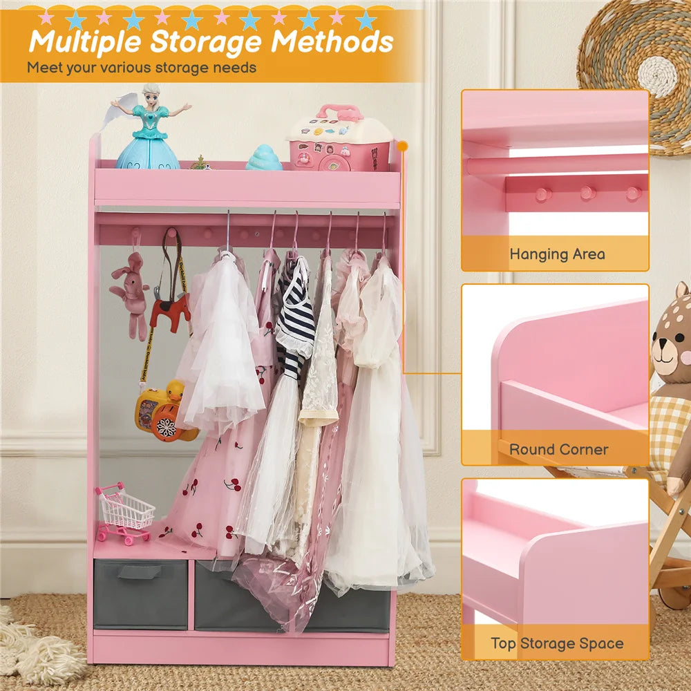 Open Hanging Armoire Closet with Mirror-PINK