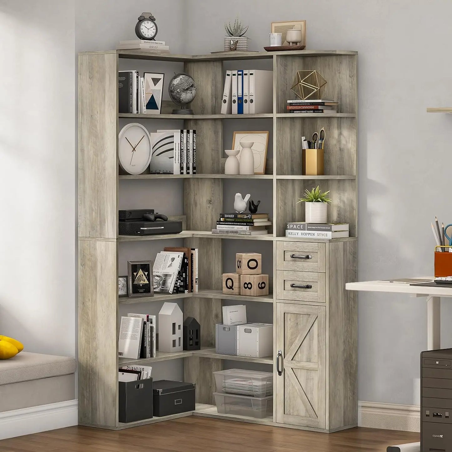 Farmhouse Corner Bookshelf with Lockers & Drawers, 71" L-Shaped