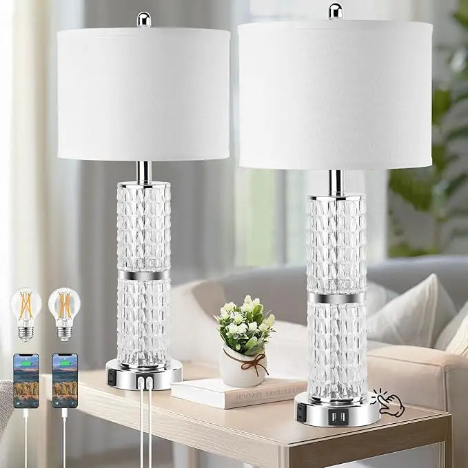 Set of 2 Farmhouse Table Lamps with 2 USB Ports