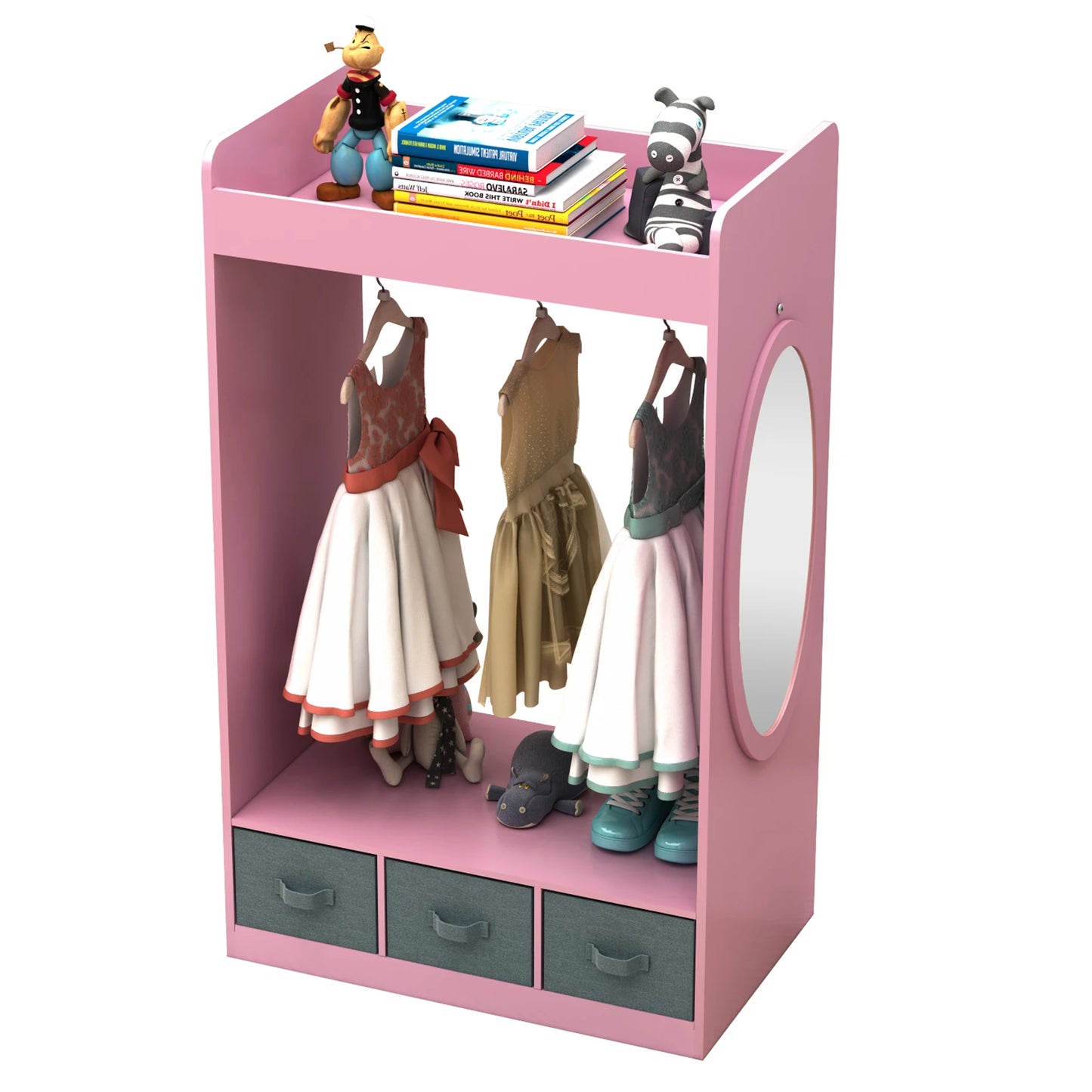 Open Hanging Armoire Closet with Mirror-PINK